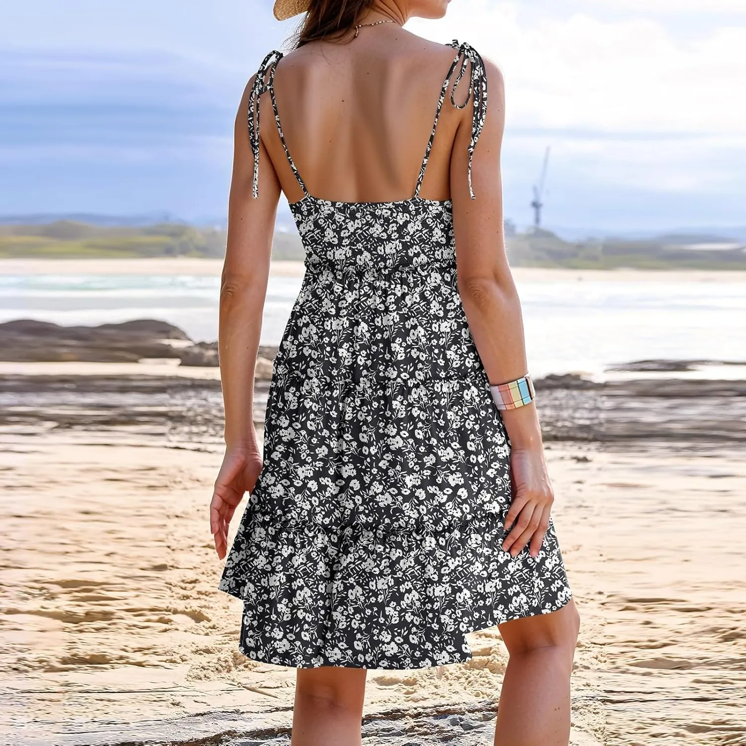 Sundresses for Women Vacation Spaghetti Strap Backless Floral Mini Dress Flowy Summer Tiered Ruffle Skater Dress