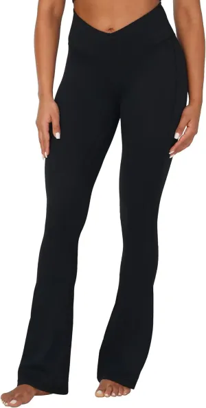 Sunzel Mini Flare Leggings for Women V Crossover Mid Rise Workout Flared Yoga Pants with Tummy Control and Wide Leg