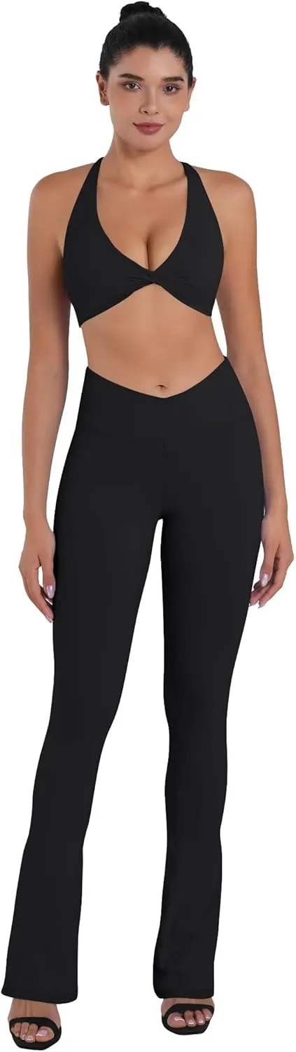 Sunzel Mini Flare Leggings for Women V Crossover Mid Rise Workout Flared Yoga Pants with Tummy Control and Wide Leg