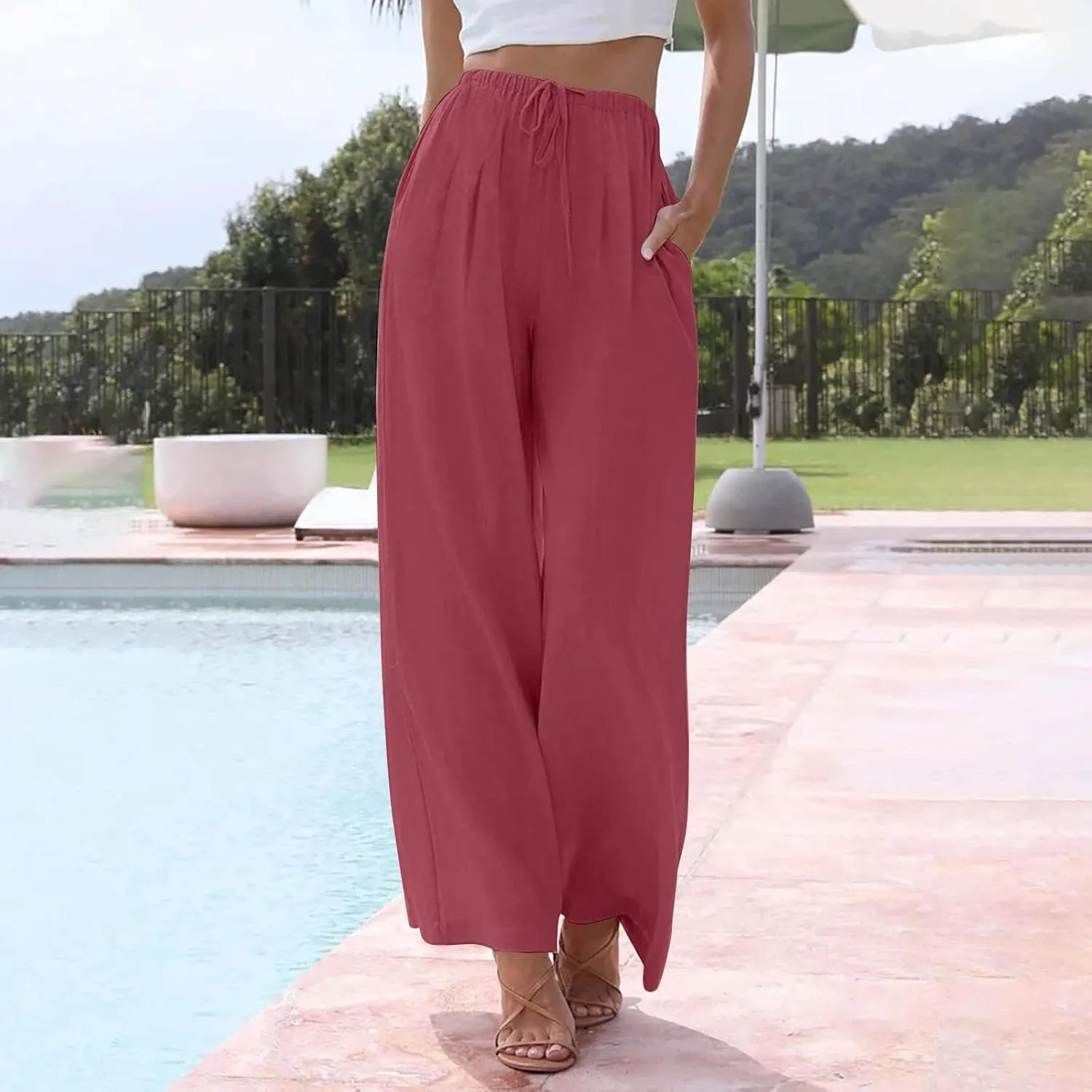 Sweatpants Women Trousers with Pockets Cotton Linen High Waisted Cargo, Travel Pants Wide Leg Summer Petite