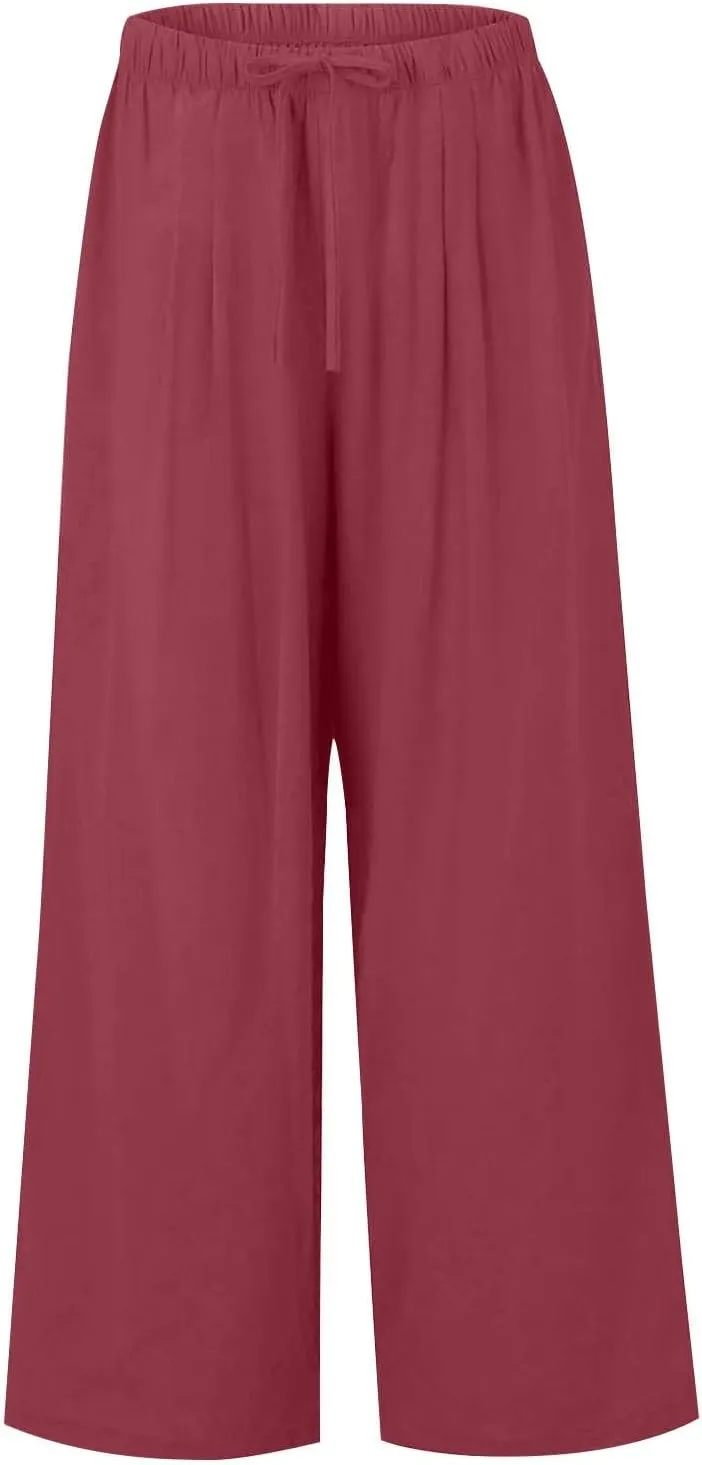 Sweatpants Women Trousers with Pockets Cotton Linen High Waisted Cargo, Travel Pants Wide Leg Summer Petite