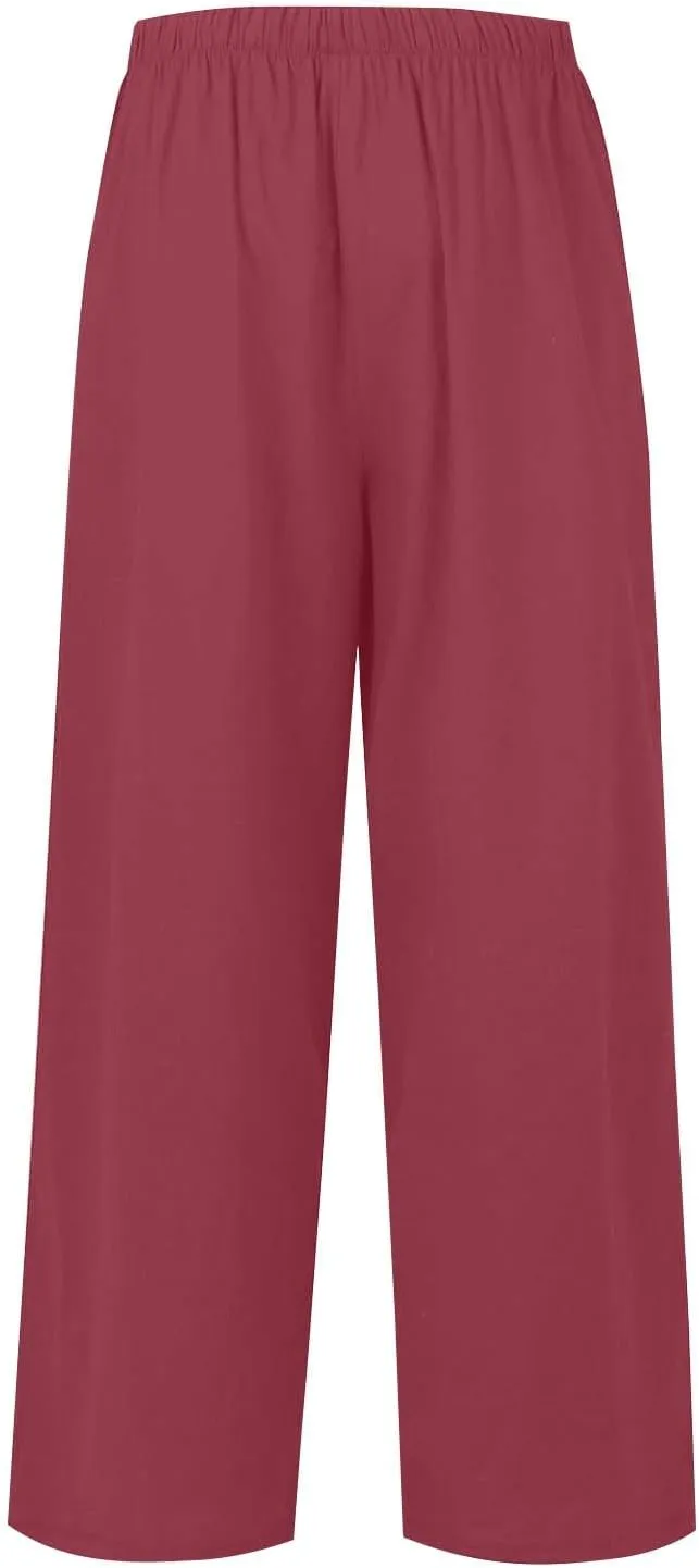 Sweatpants Women Trousers with Pockets Cotton Linen High Waisted Cargo, Travel Pants Wide Leg Summer Petite