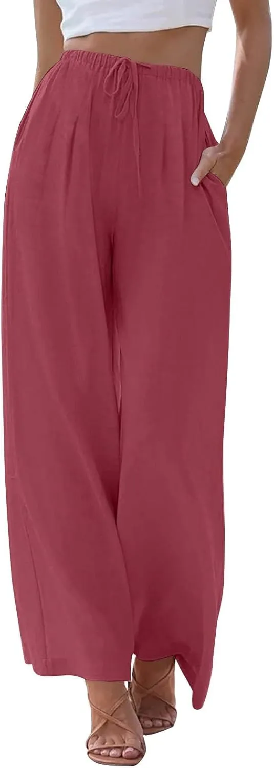 Sweatpants Women Trousers with Pockets Cotton Linen High Waisted Cargo, Travel Pants Wide Leg Summer Petite