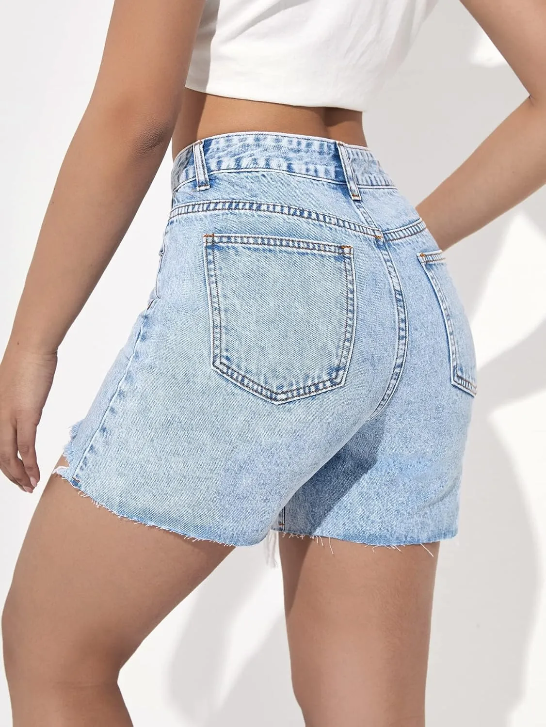 SweatyRocks Women's High Waist Ripped Raw Hem Denim Shorts Casual Straight Leg Jean Shorts with Pockets