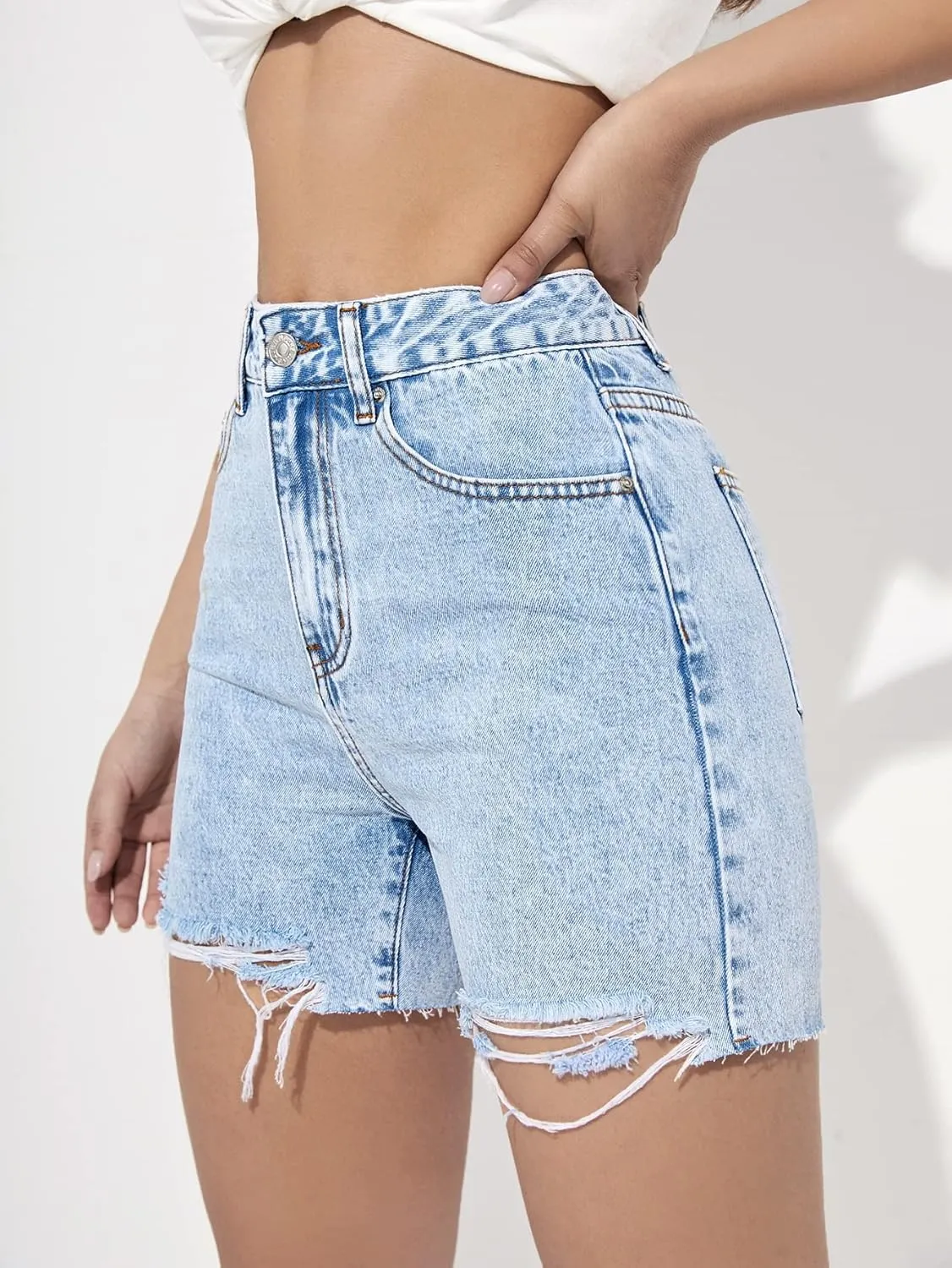 SweatyRocks Women's High Waist Ripped Raw Hem Denim Shorts Casual Straight Leg Jean Shorts with Pockets