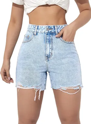 SweatyRocks Women's High Waist Ripped Raw Hem Denim Shorts Casual Straight Leg Jean Shorts with Pockets