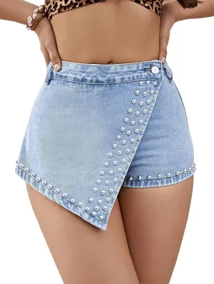 SweatyRocks Women's Summer High Waist Asymmetrical Hem Jean Shorts Beaded Slim Fit Denim Mini Skort Shorts