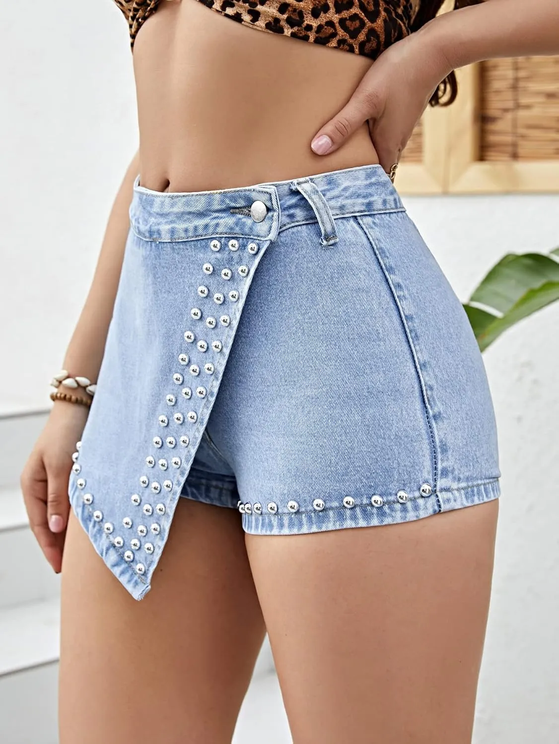 SweatyRocks Women's Summer High Waist Asymmetrical Hem Jean Shorts Beaded Slim Fit Denim Mini Skort Shorts