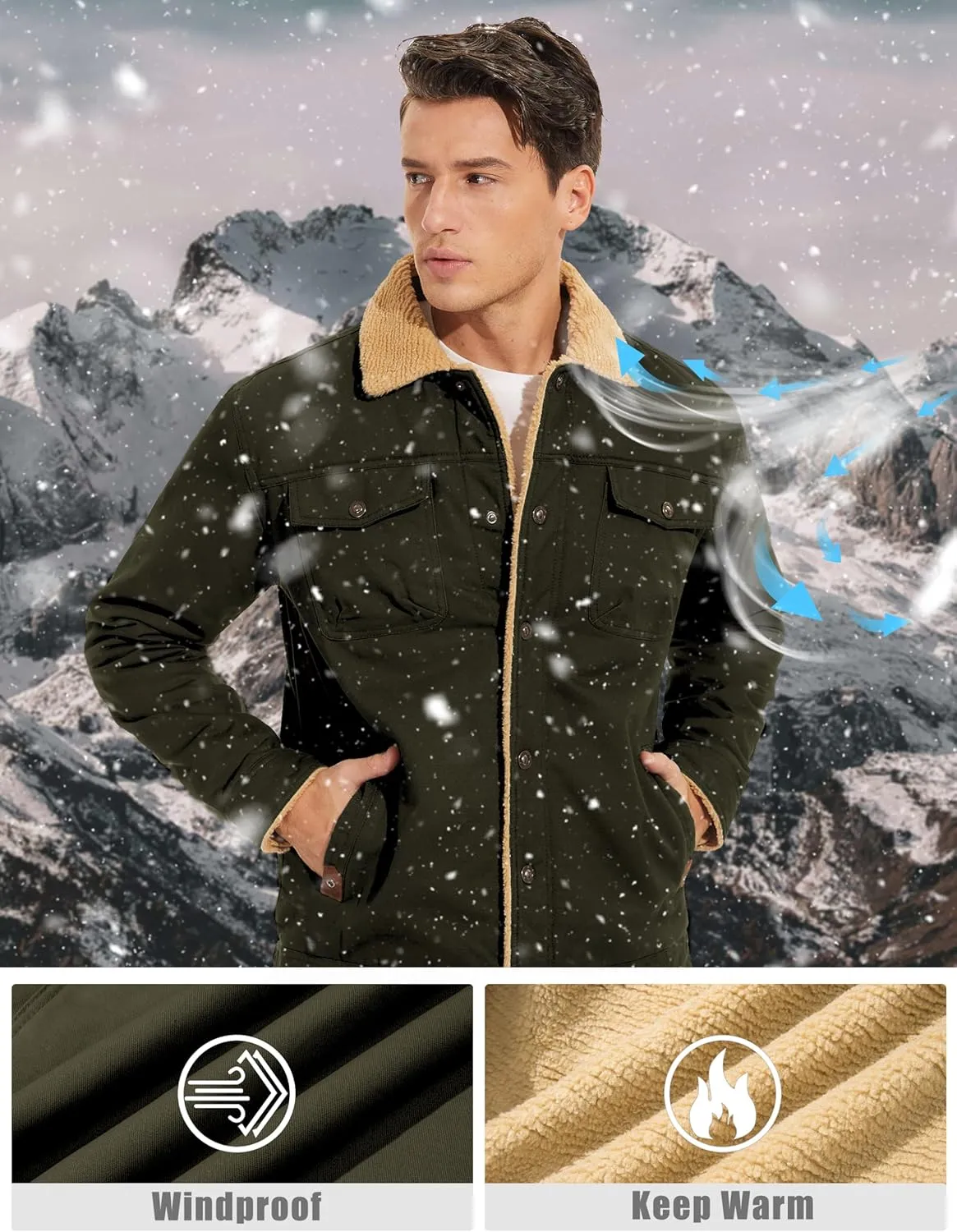 TACVASEN Men's Winter Jacket Sherpa Fleece Lined Cargo Coat Warm Thick Trucker Jacket with Multi Pockets