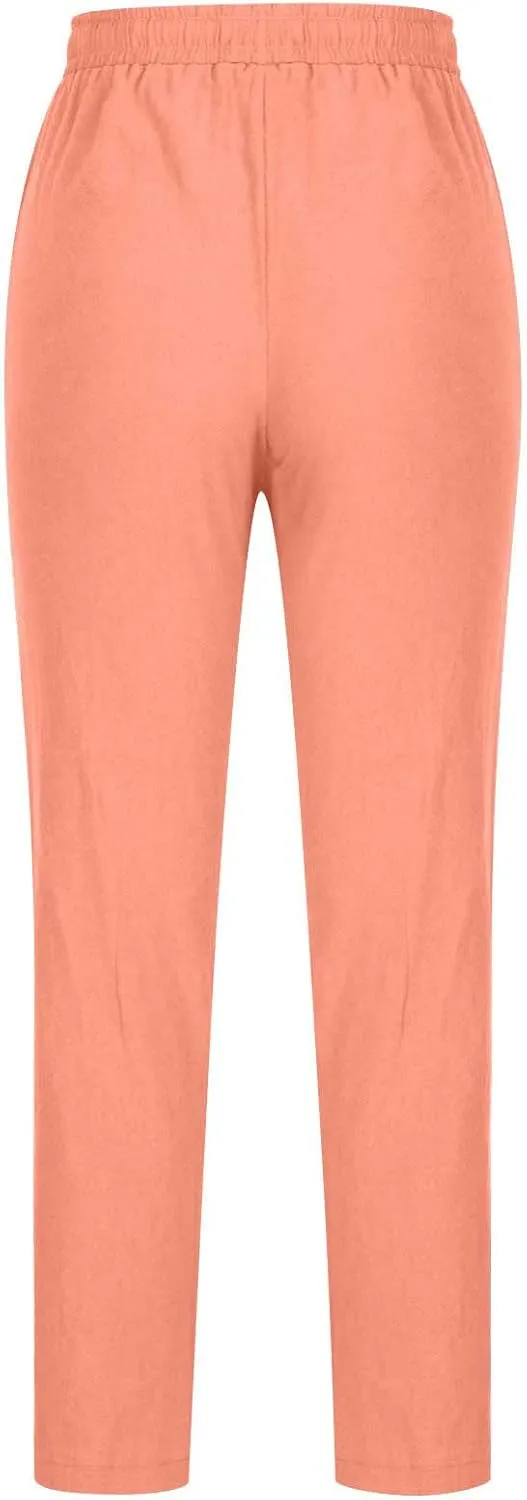 TANGNADE Cotton Linen Pants Summer 2024 Wide Leg Casual Loose Drawstring High Waist Palazzo Pants Trousers with Pockets