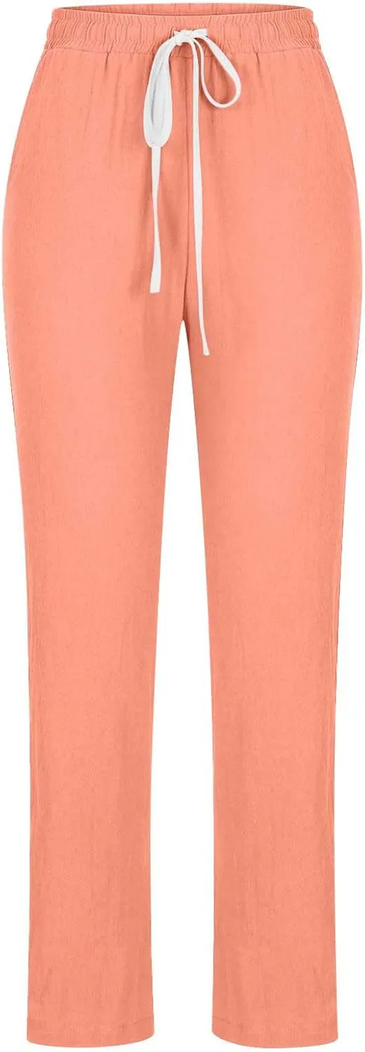 TANGNADE Cotton Linen Pants Summer 2024 Wide Leg Casual Loose Drawstring High Waist Palazzo Pants Trousers with Pockets
