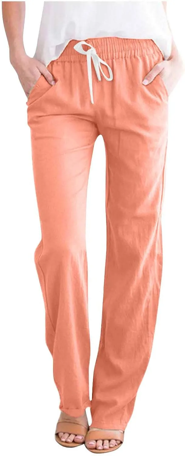 TANGNADE Cotton Linen Pants Summer 2024 Wide Leg Casual Loose Drawstring High Waist Palazzo Pants Trousers with Pockets