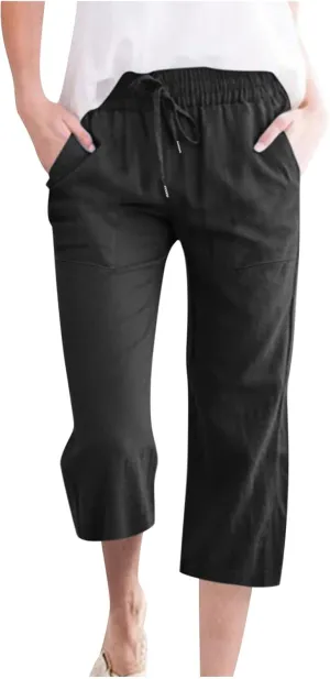 TARIENDY Capri Pants for Women Casual Summer Comfy Capris Drawstring Elastic High Waisted Pants Wide Leg Cropped Trouser
