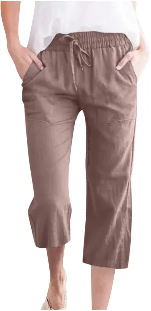 TARIENDY Capri Pants for Women Summer Casual Lounge Pants Wide Leg Pants Elastic Drawstring Cropped Trousers with Pockets