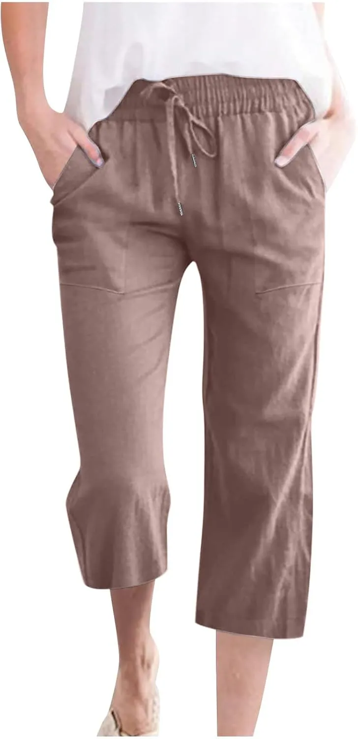 TARIENDY Capri Pants for Women Summer Casual Lounge Pants Wide Leg Pants Elastic Drawstring Cropped Trousers with Pockets