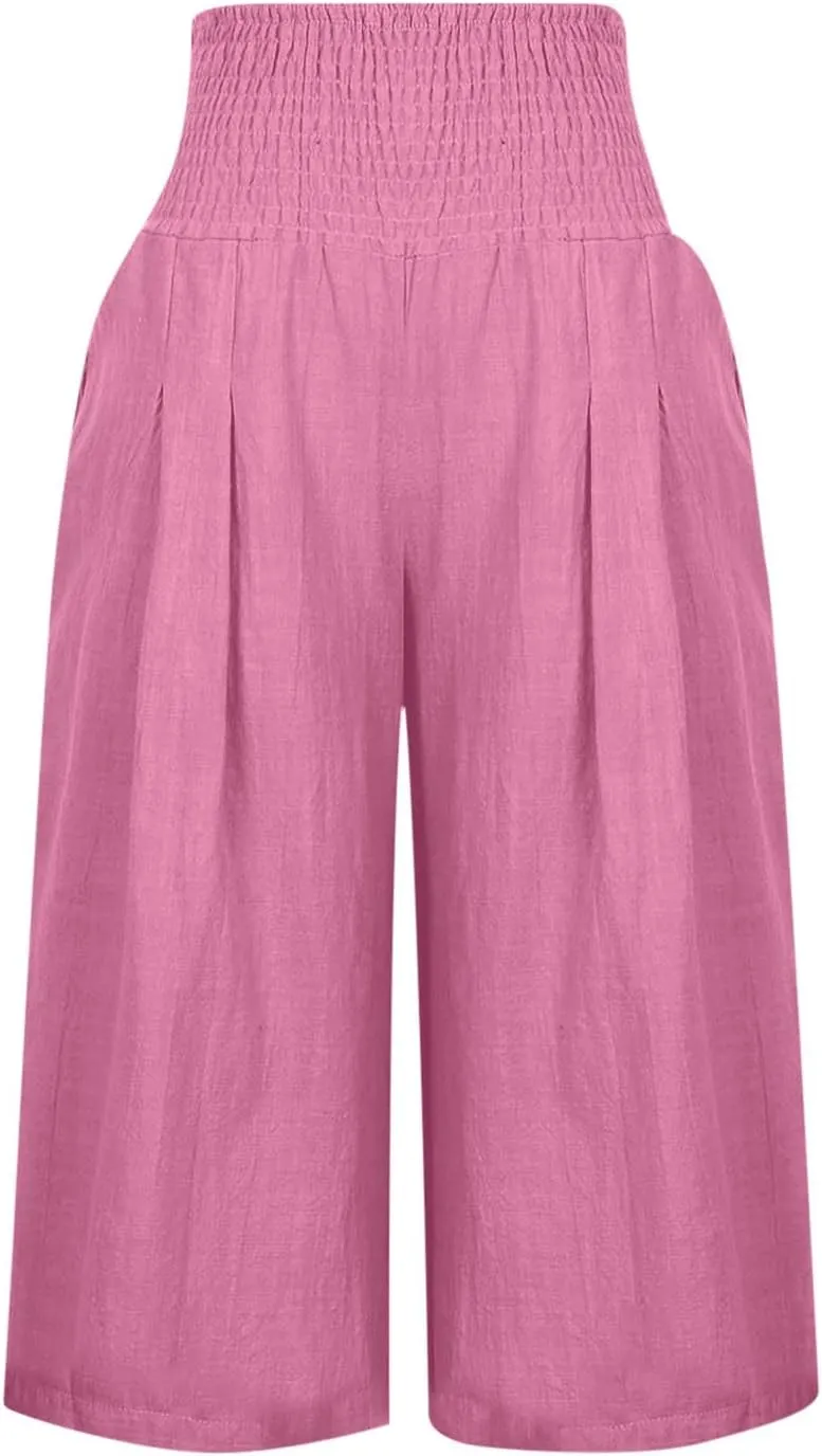 TARIENDY Casual Capri Pants for Women Cotton Linen Pants Wide Leg Lounge Pants Summer High Waisted Capris with Pockets