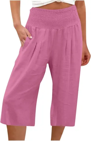 TARIENDY Casual Capri Pants for Women Cotton Linen Pants Wide Leg Lounge Pants Summer High Waisted Capris with Pockets