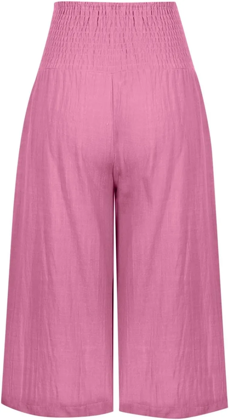 TARIENDY Casual Capri Pants for Women Cotton Linen Pants Wide Leg Lounge Pants Summer High Waisted Capris with Pockets