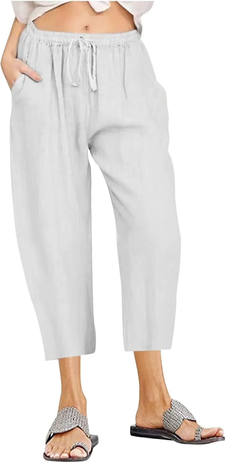 TARIENDY Lounge Pants Women Summer Beach Casual Palazzo Cropped Trousers Loose Comfy Elastic Drawstring Capris with Pockets