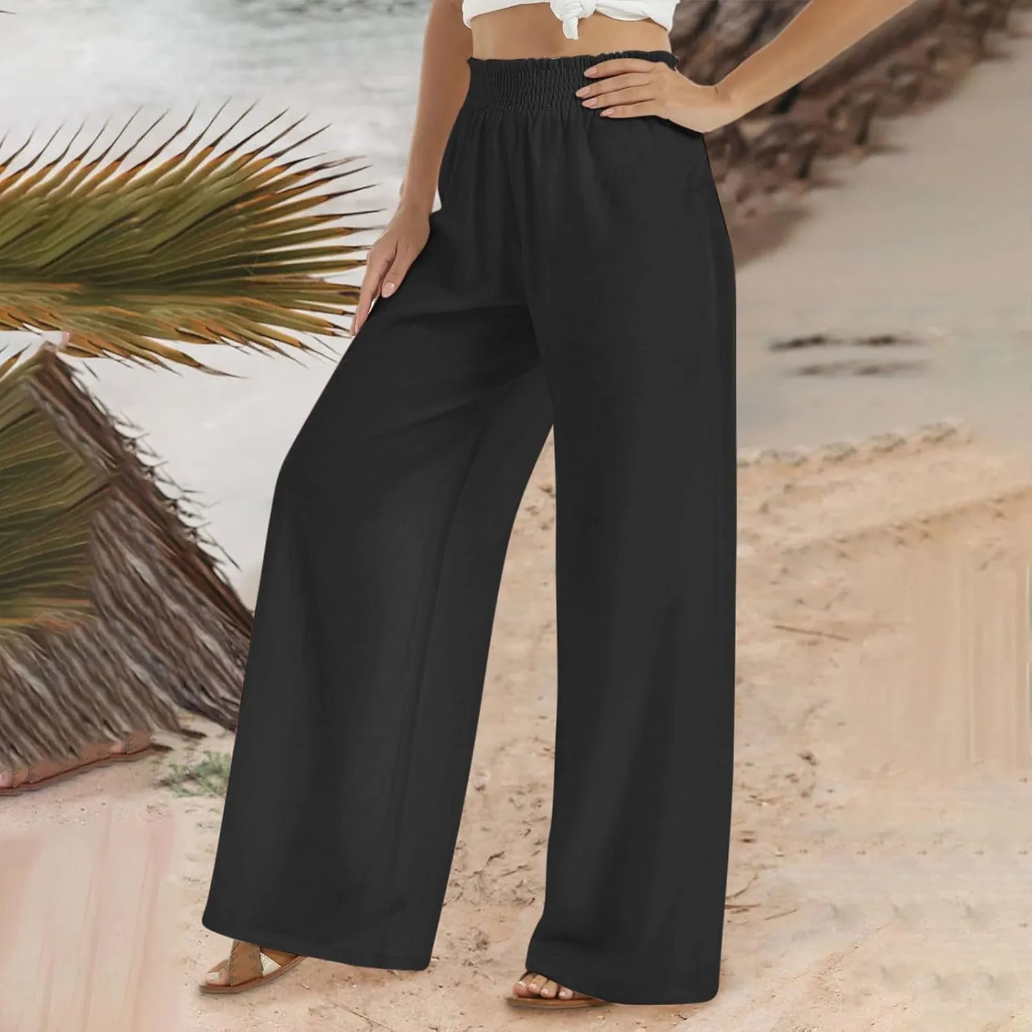 TARIENDY Womens Palazzo Pants Summer Casual Boho Wide Leg High Waisted Trousers Lounge Beach Outfits with Pockets 2025