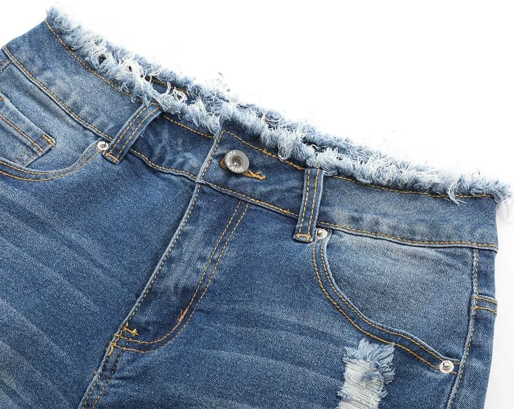 THUNDER STAR Ripped Jean Shorts for Women Mid Rise Frayed Raw Hem Stretchy Denim Shorts