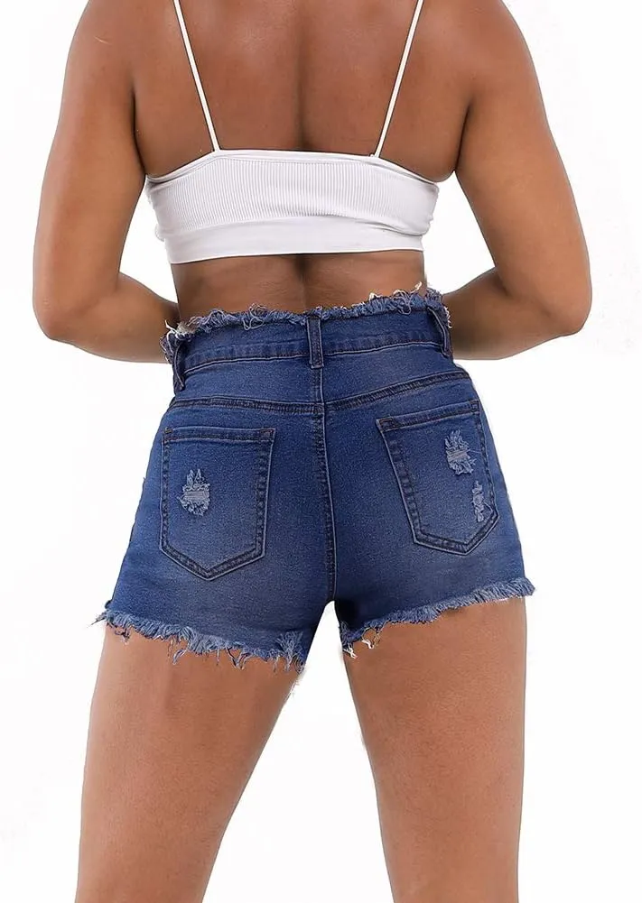 THUNDER STAR Ripped Jean Shorts for Women Mid Rise Frayed Raw Hem Stretchy Denim Shorts