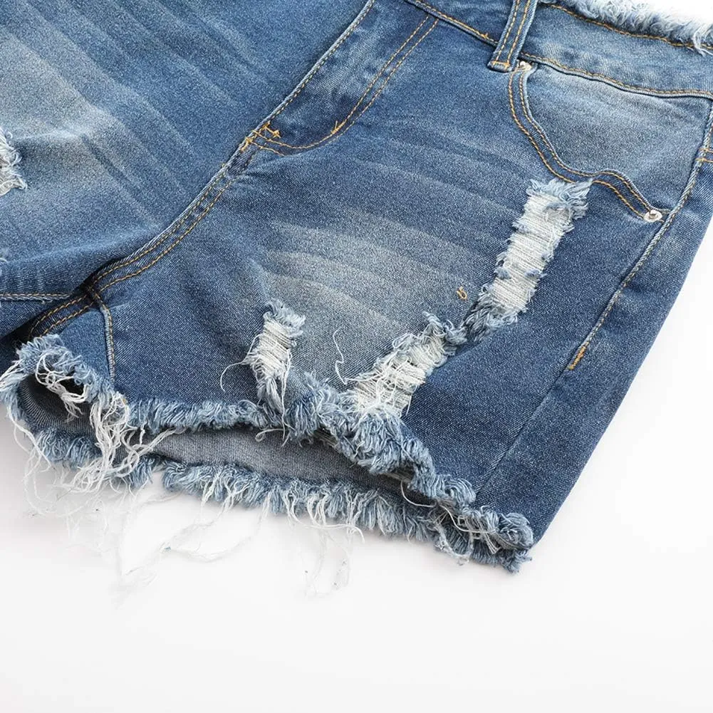 THUNDER STAR Ripped Jean Shorts for Women Mid Rise Frayed Raw Hem Stretchy Denim Shorts