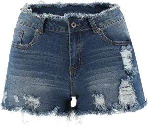 THUNDER STAR Ripped Jean Shorts for Women Mid Rise Frayed Raw Hem Stretchy Denim Shorts