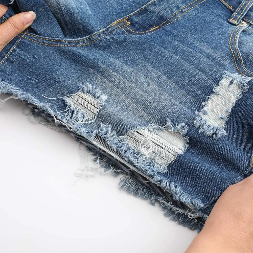 THUNDER STAR Ripped Jean Shorts for Women Mid Rise Frayed Raw Hem Stretchy Denim Shorts
