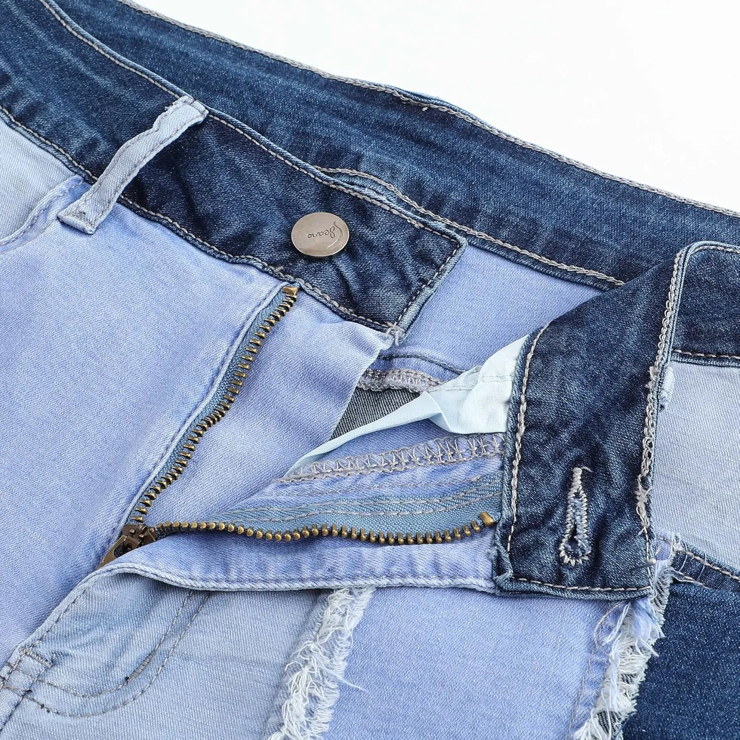 THUNDER STAR Womens Mid Rise Stretchy Patchwork Jeans Shorts Raw Frayed Hem Casual Denim Shorts