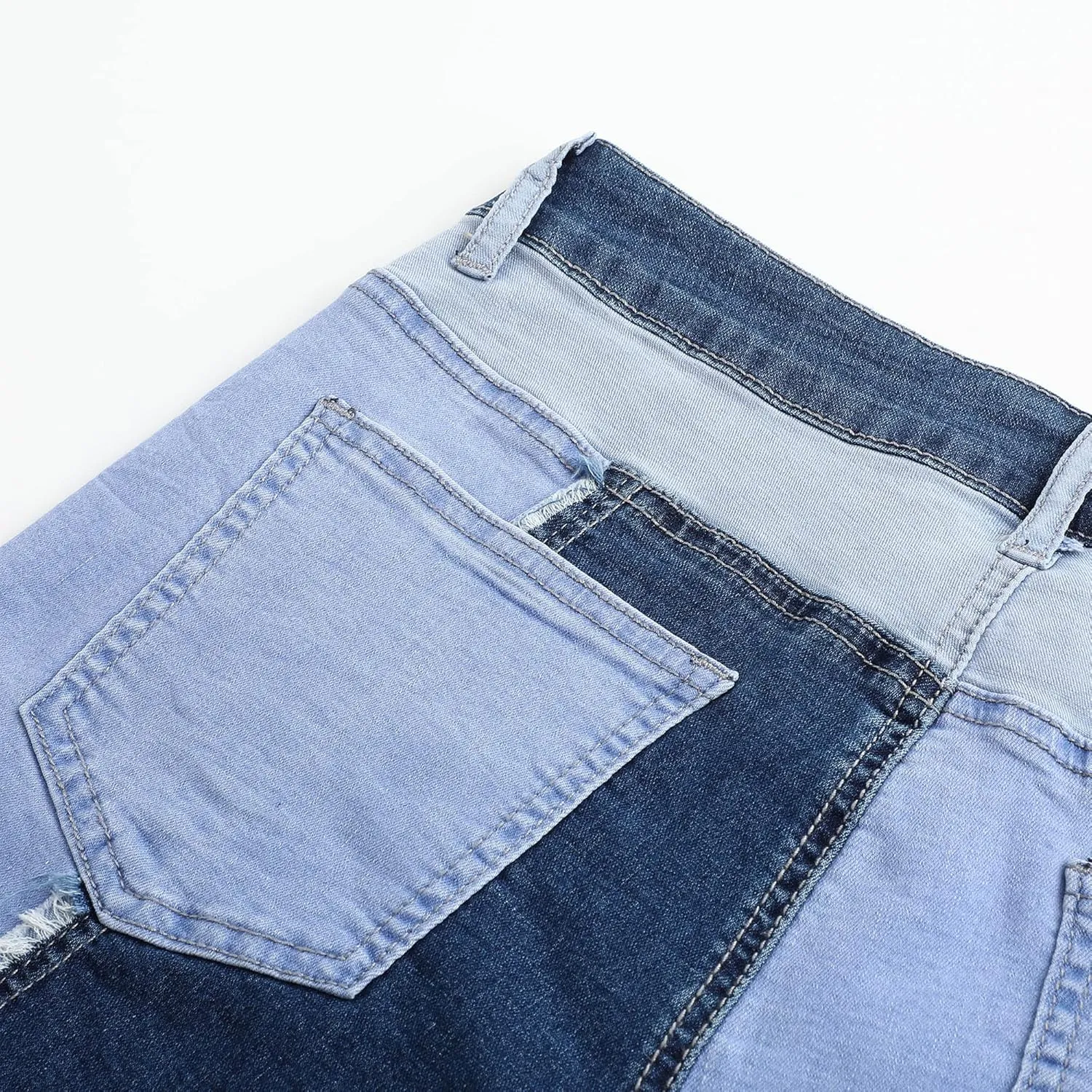 THUNDER STAR Womens Mid Rise Stretchy Patchwork Jeans Shorts Raw Frayed Hem Casual Denim Shorts