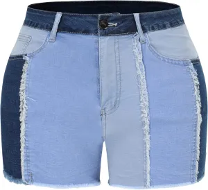 THUNDER STAR Womens Mid Rise Stretchy Patchwork Jeans Shorts Raw Frayed Hem Casual Denim Shorts