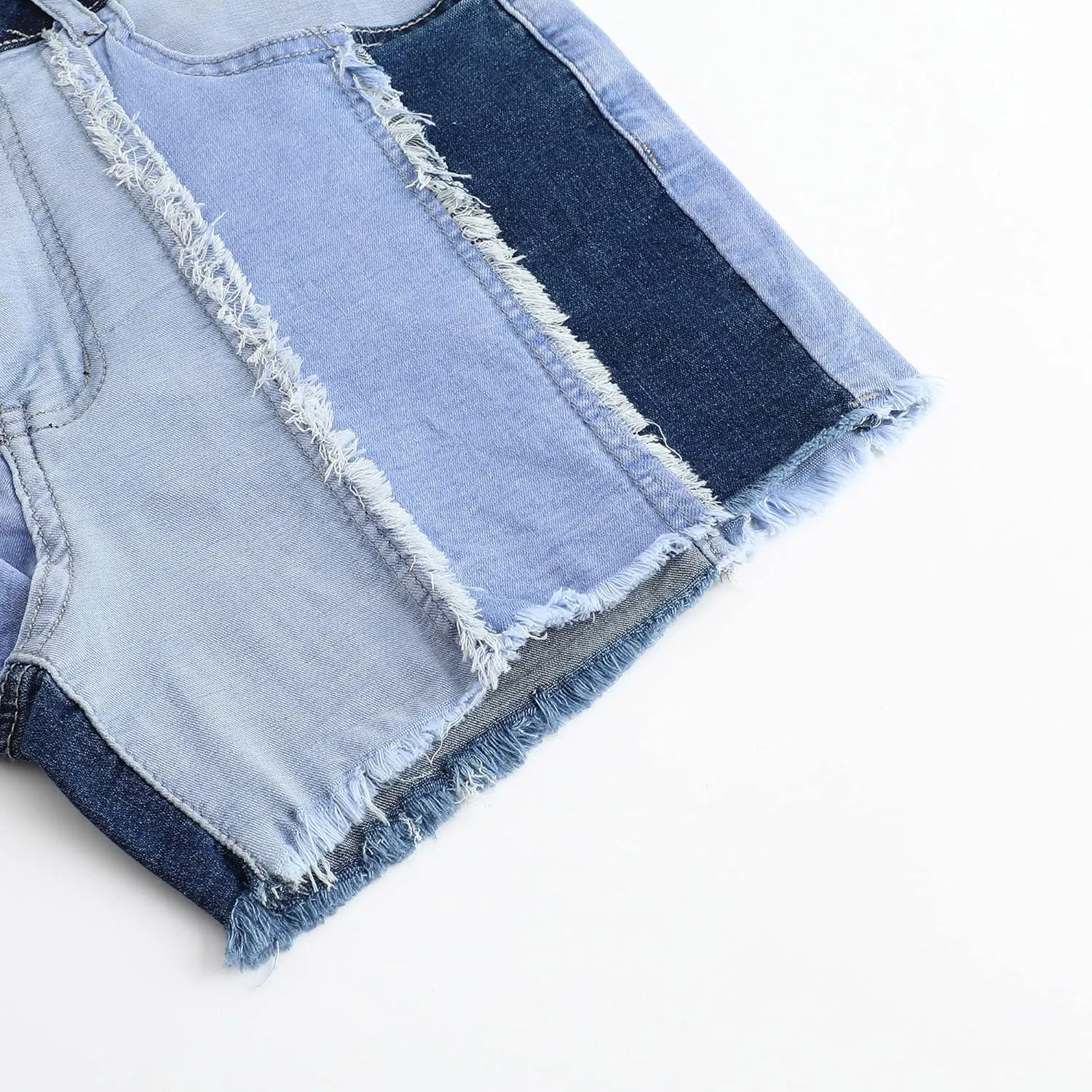 THUNDER STAR Womens Mid Rise Stretchy Patchwork Jeans Shorts Raw Frayed Hem Casual Denim Shorts
