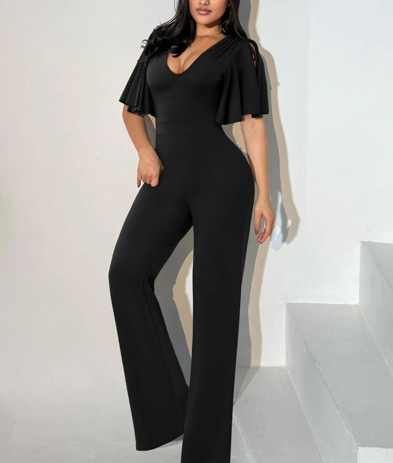 ThusFar Womens Jumpsuits Dressy Ruched Shoulder V-Neck Wide Leg Pant Business Jumpsuit One Piece Party Outfits