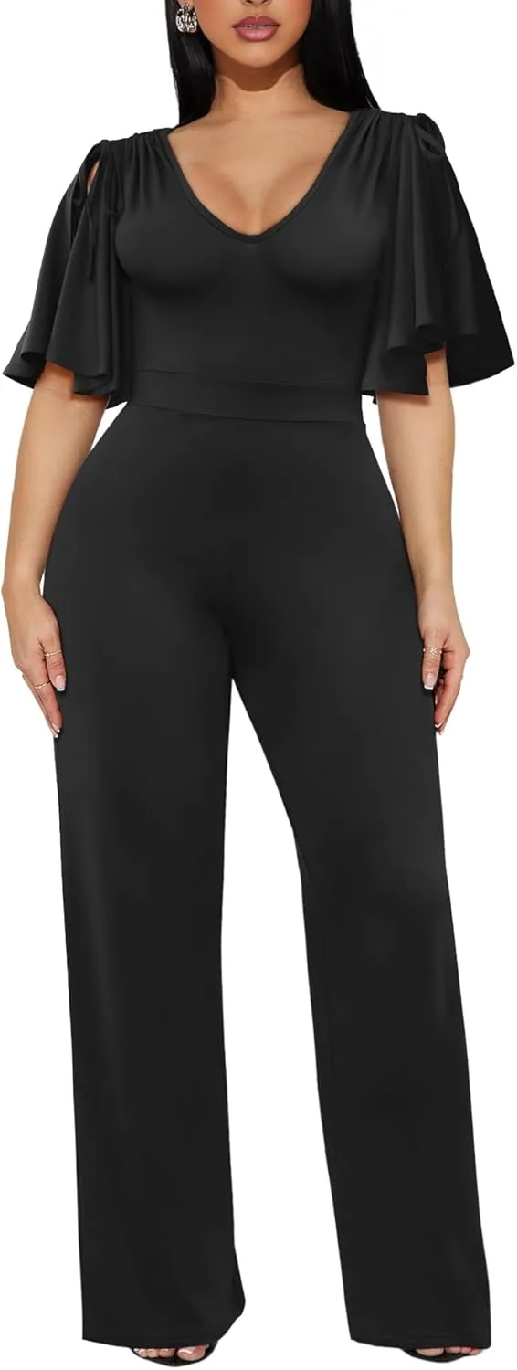 ThusFar Womens Jumpsuits Dressy Ruched Shoulder V-Neck Wide Leg Pant Business Jumpsuit One Piece Party Outfits