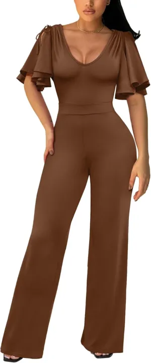 ThusFar Womens Jumpsuits Dressy Ruched Shoulder V-Neck Wide Leg Pant Business Jumpsuit One Piece Party Outfits