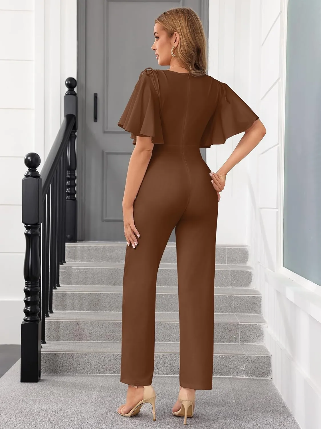 ThusFar Womens Jumpsuits Dressy Ruched Shoulder V-Neck Wide Leg Pant Business Jumpsuit One Piece Party Outfits