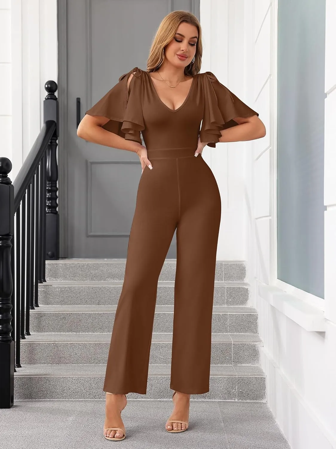 ThusFar Womens Jumpsuits Dressy Ruched Shoulder V-Neck Wide Leg Pant Business Jumpsuit One Piece Party Outfits