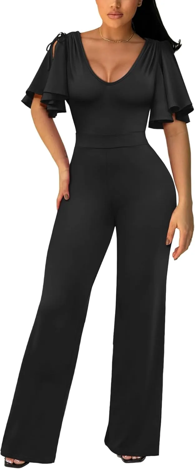 ThusFar Womens Jumpsuits Dressy Ruched Shoulder V-Neck Wide Leg Pant Business Jumpsuit One Piece Party Outfits