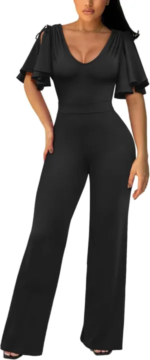 ThusFar Womens Jumpsuits Dressy Ruched Shoulder V-Neck Wide Leg Pant Business Jumpsuit One Piece Party Outfits