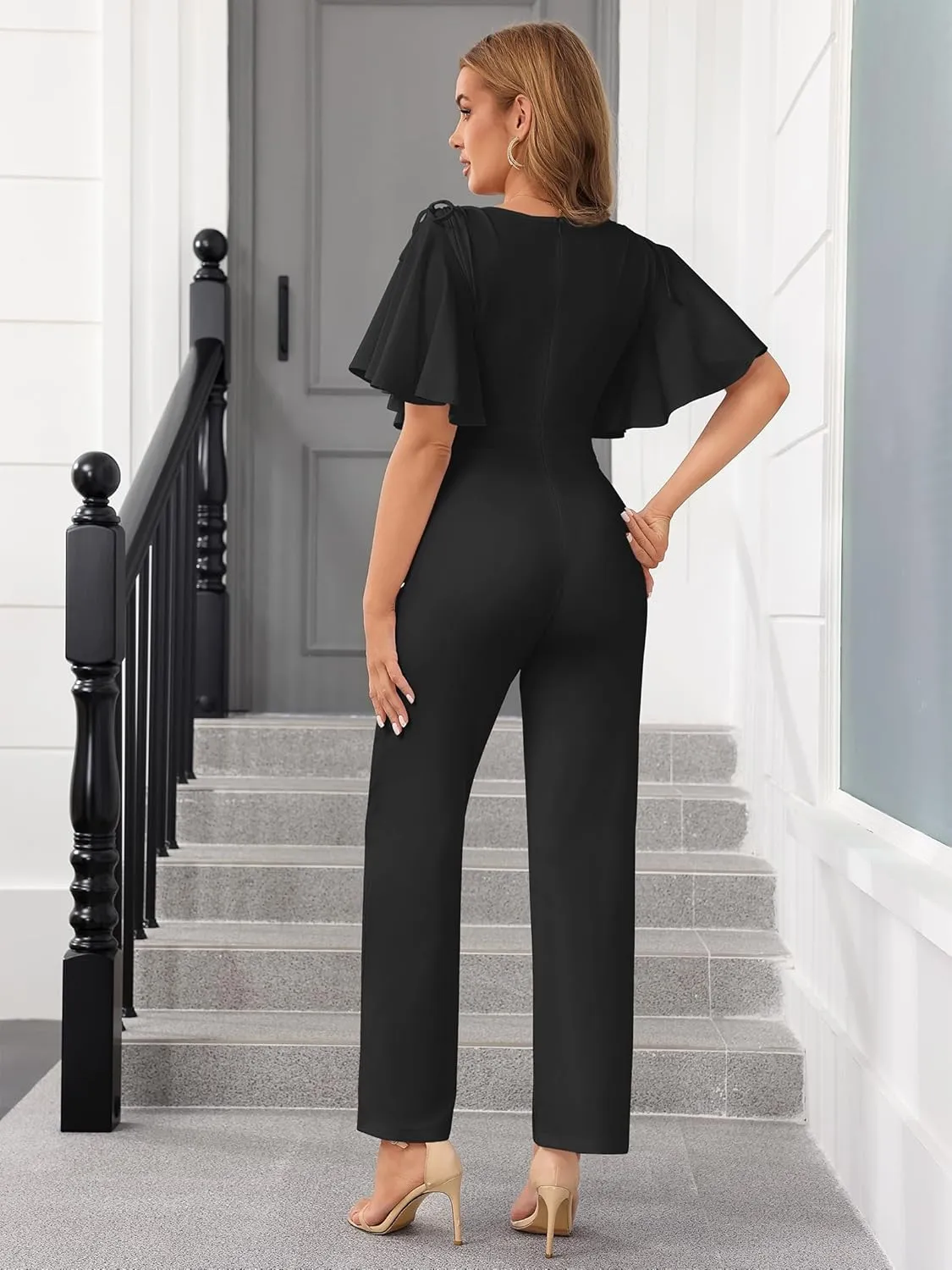ThusFar Womens Jumpsuits Dressy Ruched Shoulder V-Neck Wide Leg Pant Business Jumpsuit One Piece Party Outfits