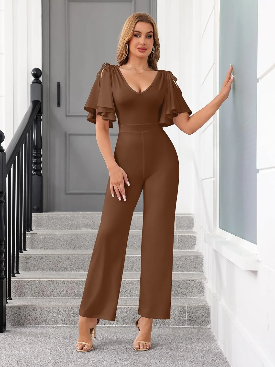 ThusFar Womens Jumpsuits Dressy Ruched Shoulder V-Neck Wide Leg Pant Business Jumpsuit One Piece Party Outfits