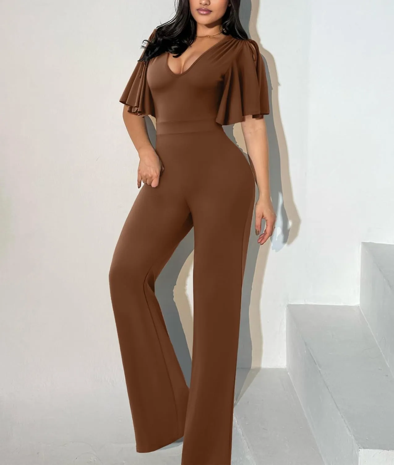 ThusFar Womens Jumpsuits Dressy Ruched Shoulder V-Neck Wide Leg Pant Business Jumpsuit One Piece Party Outfits