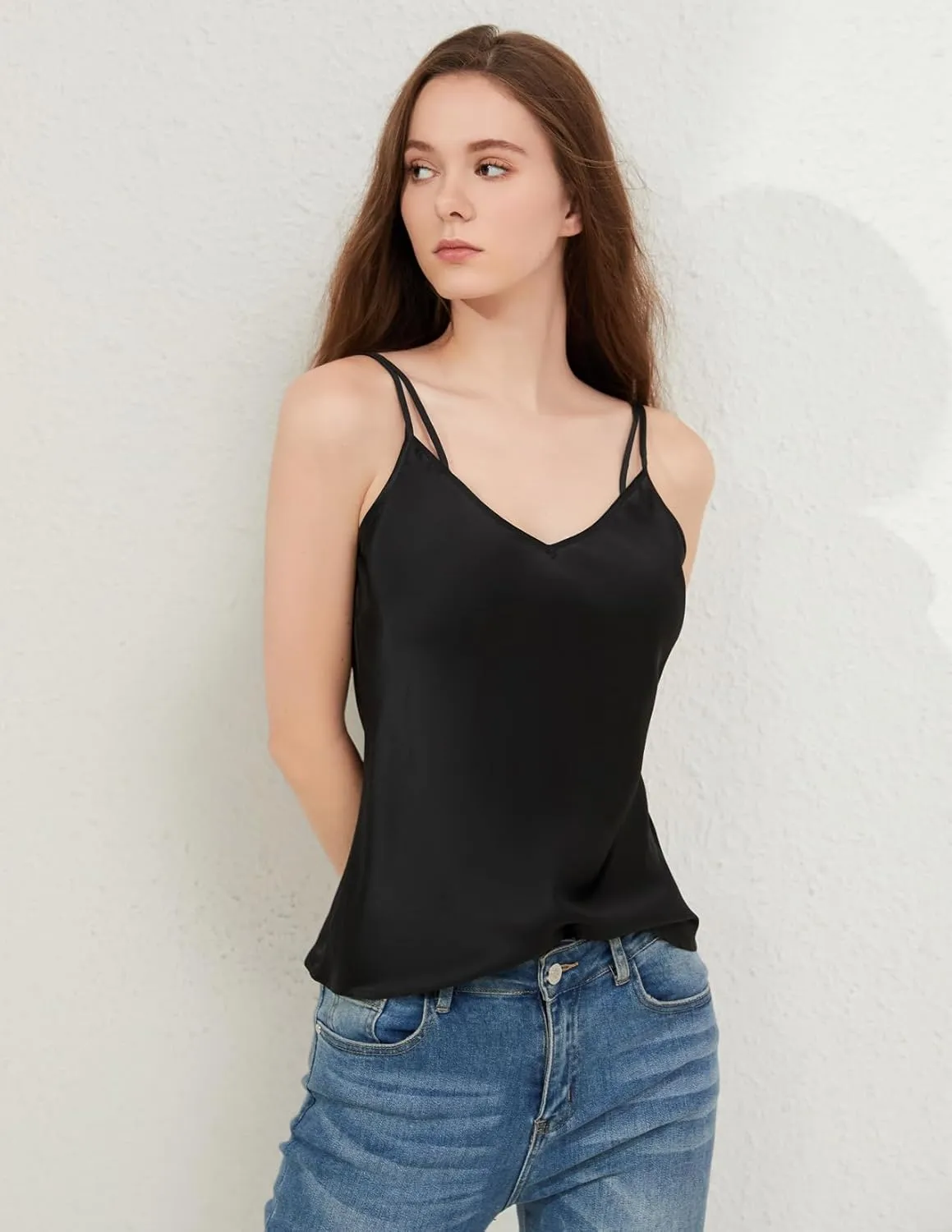 THXSILK Pure Mulberry Silk Vest Top Casual V Neck, Mulberry Silk Tank Top Casual V Neck, Sleeveless Tank Top Basic Camisole