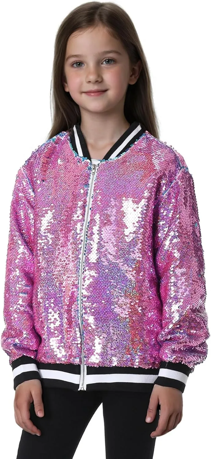 TIMSOPHIA Girls Sequin Jacket, Sparkle Bomber Jacket Glitter Kids 1989 Sparkly Blazer Costume for Concert Party Club