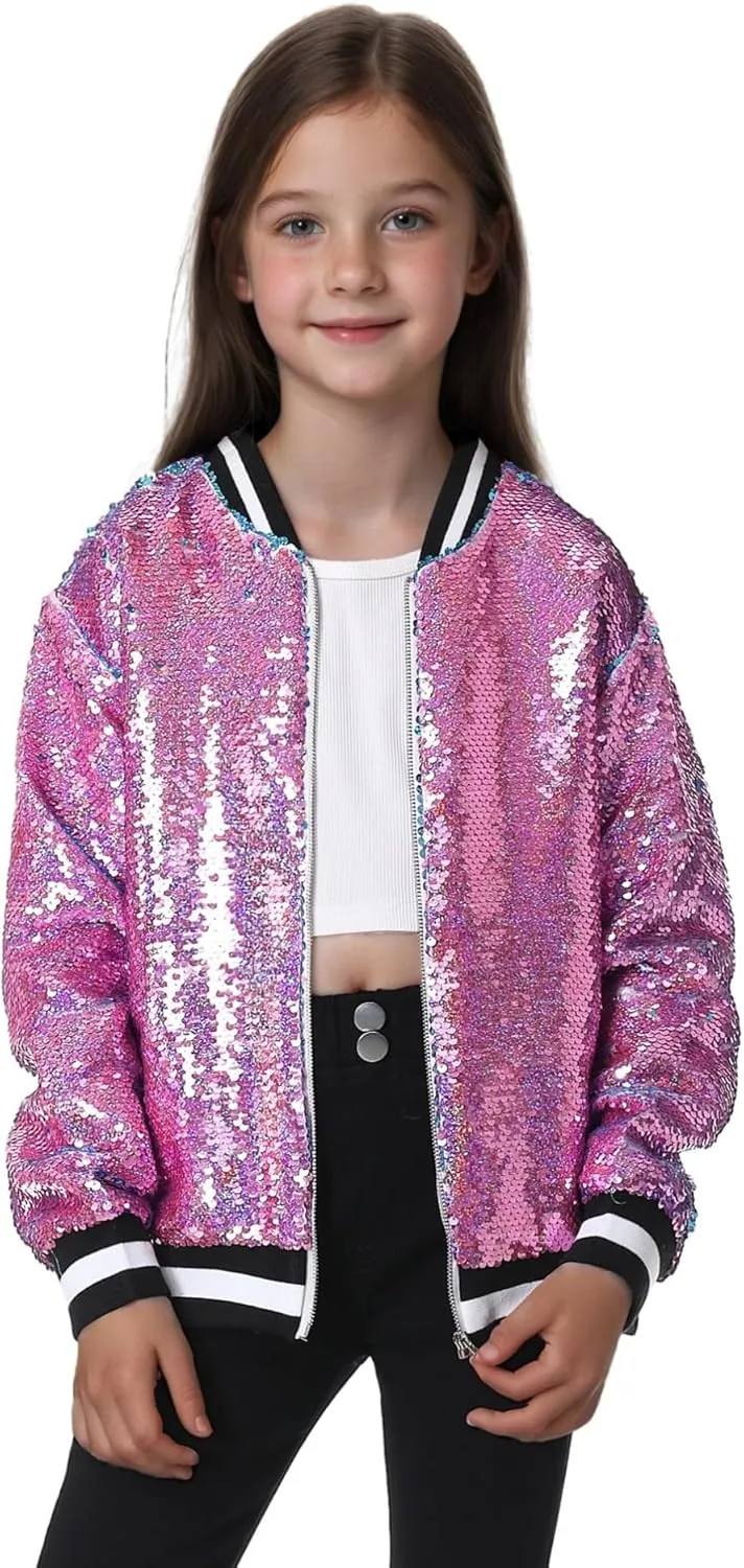 TIMSOPHIA Girls Sequin Jacket, Sparkle Bomber Jacket Glitter Kids 1989 Sparkly Blazer Costume for Concert Party Club