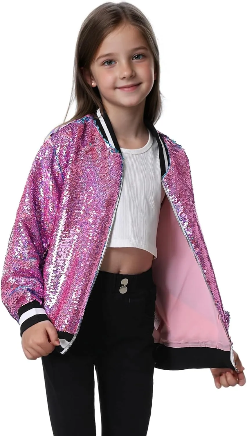 TIMSOPHIA Girls Sequin Jacket, Sparkle Bomber Jacket Glitter Kids 1989 Sparkly Blazer Costume for Concert Party Club