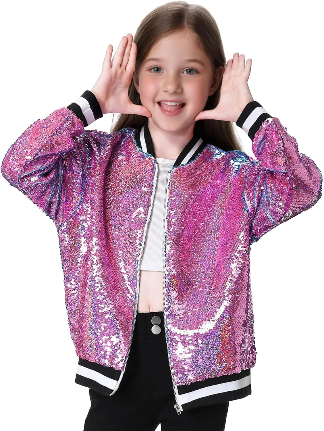 TIMSOPHIA Girls Sequin Jacket, Sparkle Bomber Jacket Glitter Kids 1989 Sparkly Blazer Costume for Concert Party Club