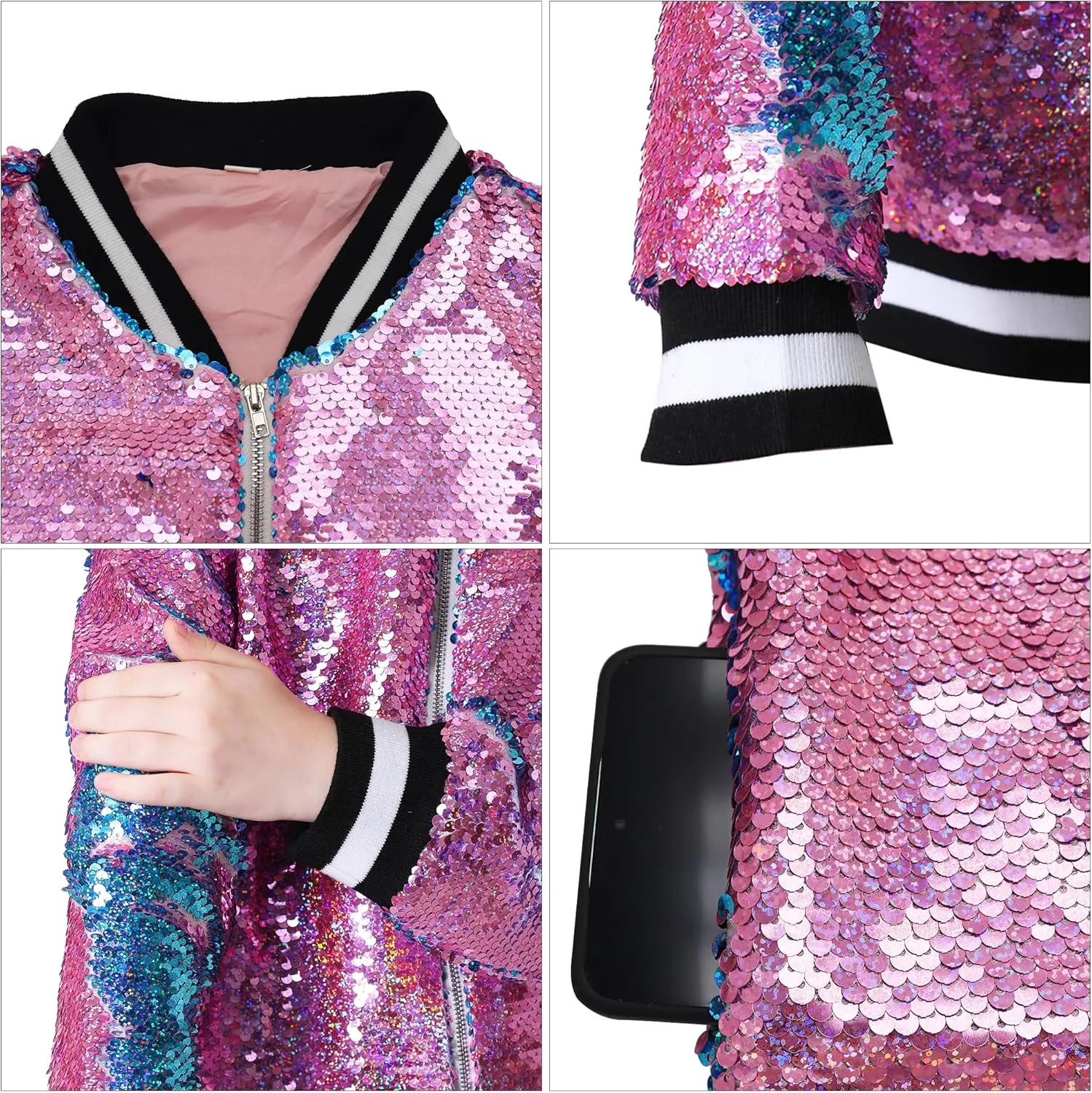 TIMSOPHIA Girls Sequin Jacket, Sparkle Bomber Jacket Glitter Kids 1989 Sparkly Blazer Costume for Concert Party Club