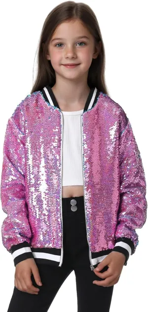 TIMSOPHIA Girls Sequin Jacket, Sparkle Bomber Jacket Glitter Kids 1989 Sparkly Blazer Costume for Concert Party Club